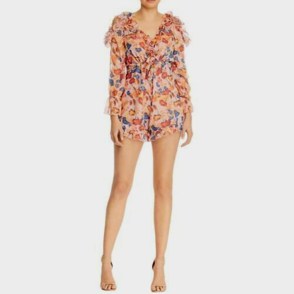 Aqua Romper Pink Floral Cold Shoulder Ruffle Open Back V Neck Long Sleev…